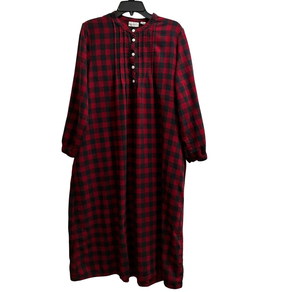 LL Bean Flannel Nightgown Womens L Petite Red Black Buffalo Plaid Cotton Pajama
